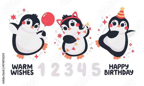 Cute vector birthday party clipart set with funny Penguins, garland, balloons, stars, birthday caps, numbers. Birthday party illustrations