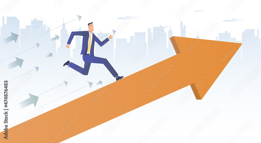 Businessman runs up the business growth arrow. Business growth Businessman runs up the business growth arrow. Business growth