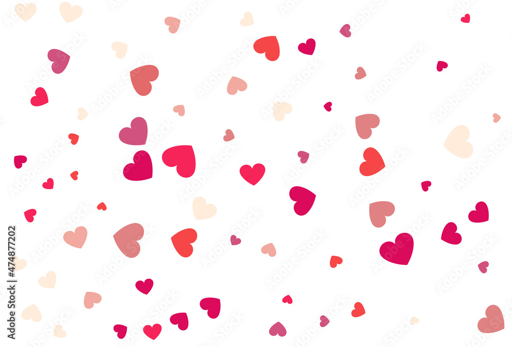 Red and pink flying hearts isolated on white background.