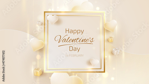 Valentine day background with square frame and realistic heart shape elements and golden lines.