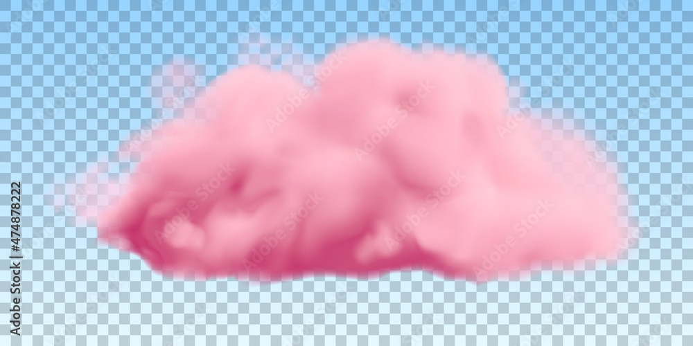 Realistic pink cloud isolated on transparent background. Vector fluffy smoke in a blue sky.
