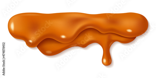 Melted caramel sauce drop isolated on white background. Orange or brown paint stains design. Vector illustration. Realistic horizontal leaking syrup dripping