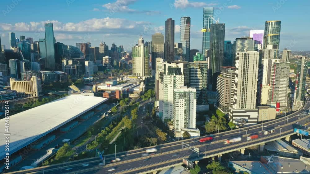 Aerial hyperlapse video of Melbourne city and highway traffic in daytime Aerial hyperlapse video of Melbourne city and highway traffic in daytime