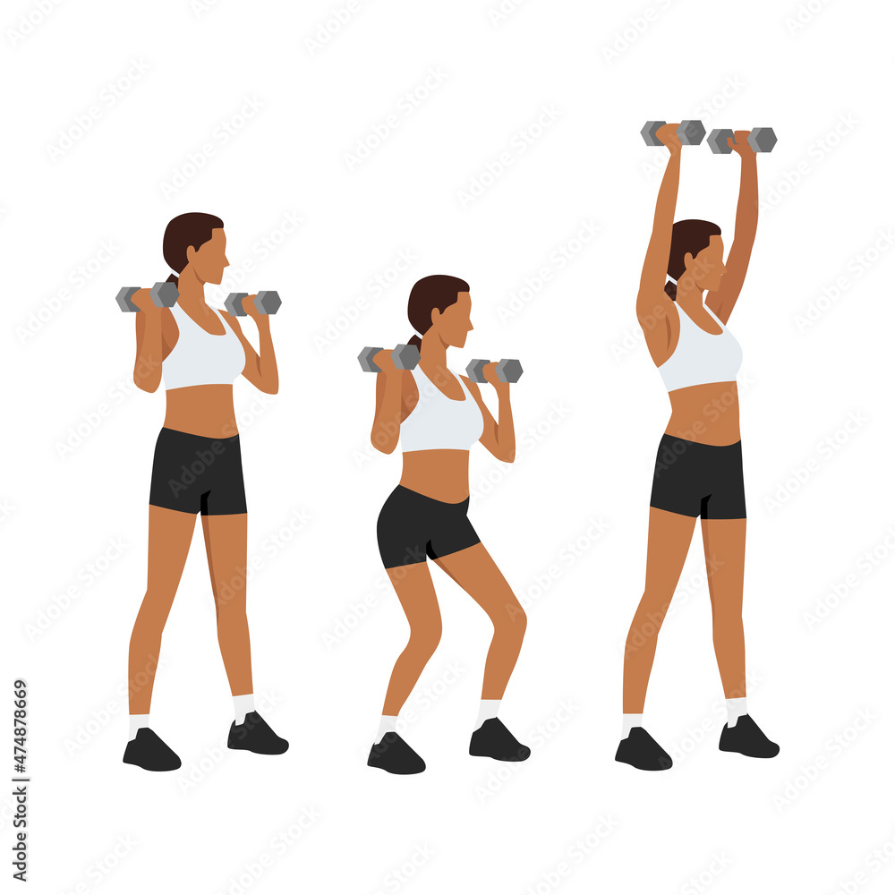 Woman doing Dumbbell push press exercise. Flat vector illustration isolated on white background Woman doing Dumbbell push press exercise. Flat vector illustration isolated on white background
