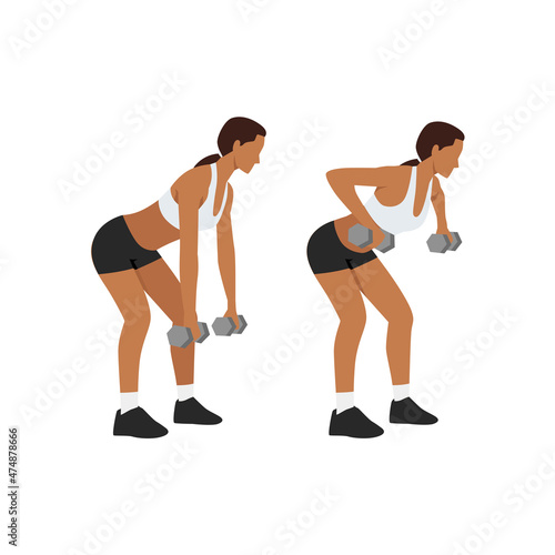 Woman doing Dumbbell row exercise. Flat vector illustration isolated on white background