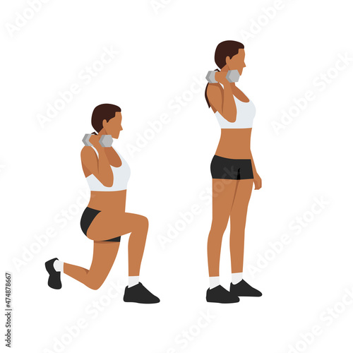 Woman doing Quadriceps offset dumbbell lunge exercise. Flat vector illustration isolated on white background