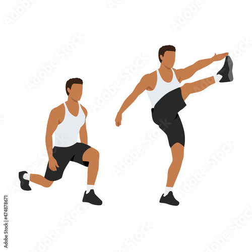 Man doing Lunge. Front kicks exercise. Flat vector illustration isolated on white background