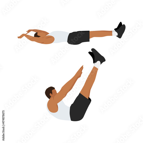 Man doing Jackknife sit ups. crunch. toe touches exercise. Flat vector illustration isolated on white background