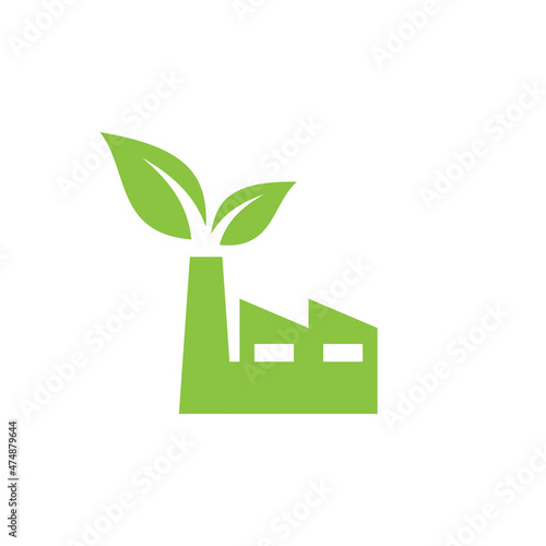 Green factory with leaf vector icon. Eco friendly symbol.