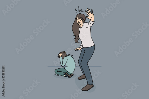 Home abuse and harassment concept. Stressed afraid terrified woman mother standing and asking stop violence with sitting and covering ears kid on floor vector illustration 