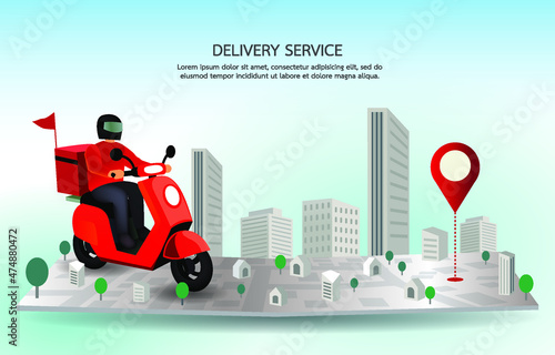 delivery man drive motorcycle on map have the GPS address . food delivery service send a meal to the customer. the fast man keeps time and speed send food. Online app shipping product on the time.