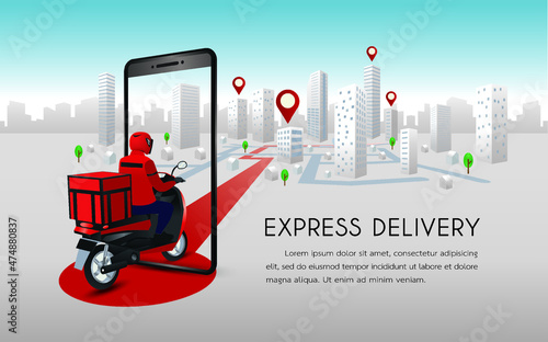 Fast delivery man with motorcycles. Customers ordering on the mobile application, The motorcyclist goes according to the GPS map, The background is blue and gray with buildings and trees.