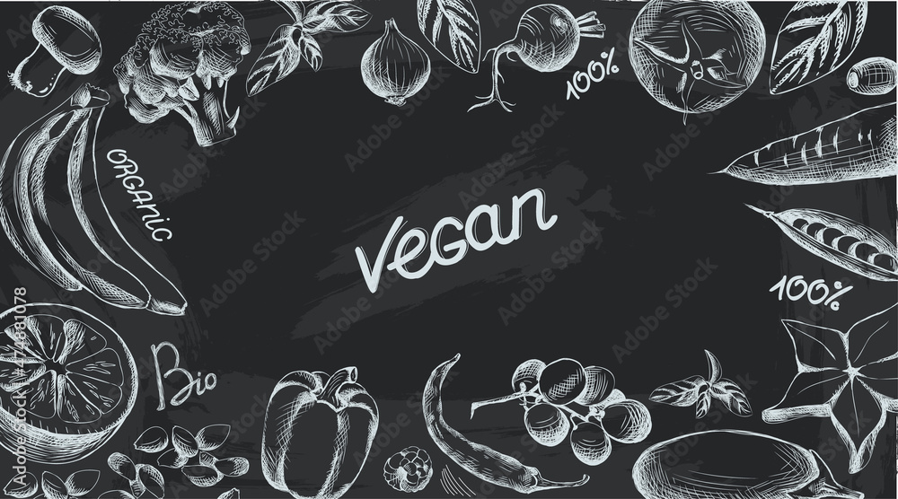 vegan banner painted on blackboard with white chalk. line art of fruits ...