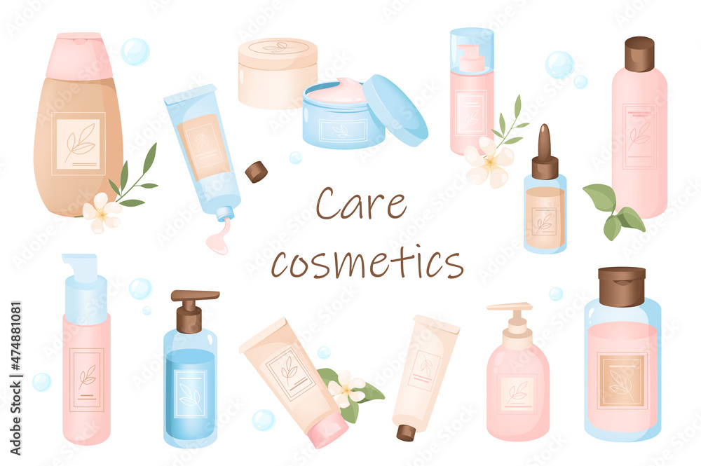 A set of bottles and tubes of cosmetics, jars for skin care with