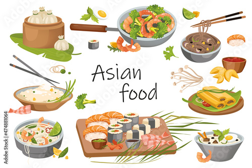 Asian food elements isolated set. Bundle of dumplings, noodles, rice, ramen soup, sushi, shrimps, cookies and other traditional dishes and street food menu. Vector illustration in flat cartoon design