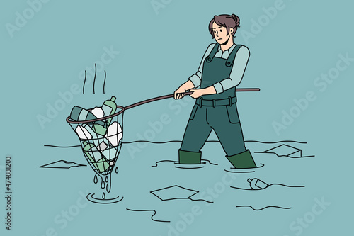 Taking care of Ecology and environment concept. Volunteer girl sitting in water and picking up collecting garbage trash taking care of ecological situation vector illustration 