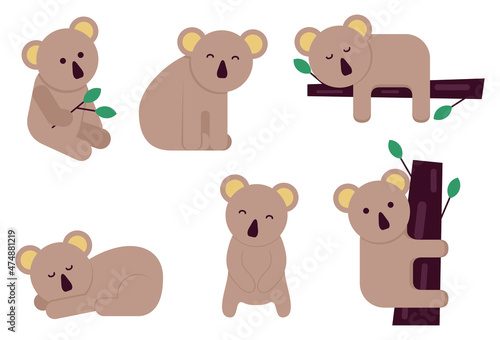 Set of lazy koala, character cartoon wildlife, vector illustration