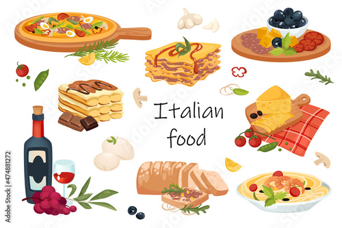 Italian food elements isolated set. Bundle of traditional dishes - pizza, lasagna, spaghetti, olive, pasta, parmesan cheese, wine, sweet desserts and other. Vector illustration in flat cartoon design