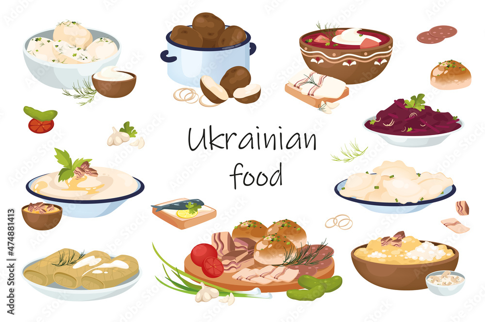 Ukrainian food elements isolated set. Bundle of traditional meals - borscht, dumplings, cabbage rolls, garlic donuts, bacon, corn porridge, vegetable dishes. Vector illustration in flat cartoon design