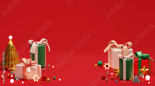 3D illustration background of Christmas gifts and ornaments