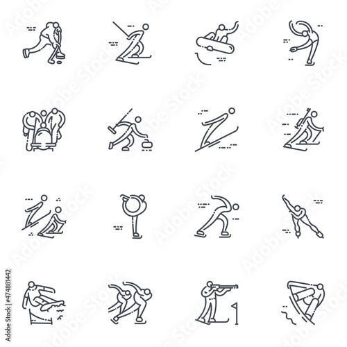 Snowboard, skiing, figure skating, biathlon, and other competition symbols isolated on transparent background.