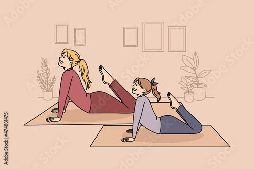 Family healthy lifestyle and yoga concept. Positive mother and daughter practicing yoga pilates or stretching at home together vector illustration 