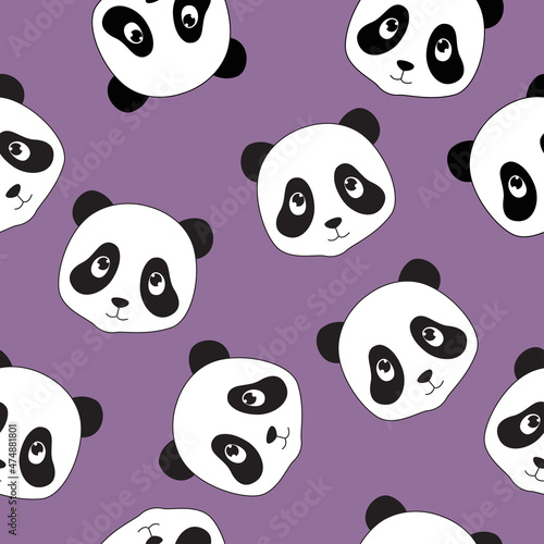 Print. Vector purple background with cute pandas. Cartoon pandas. Panda face pattern.