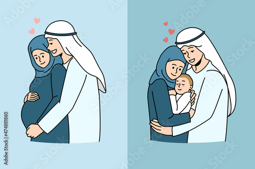 Islamic and arabic family concept. Happy young arabian family wirh pregnant wife and then with small infant newborn baby loving couple parents with child vector illustration 