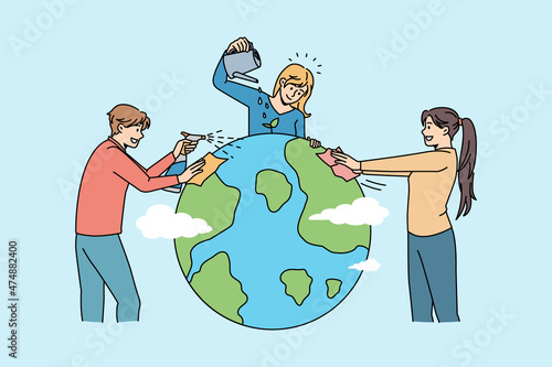 Ecological conversation and environment concept. Group of young people volunteers standing watering planet earth together taking care of ecology vector illustration 