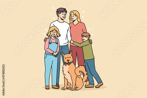 Happy family and pets concept. Smiling loving family father mother and children standing embracing each other with their dog during walk vector illustration 