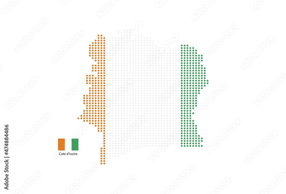 Cote d'Ivoire map design by color of Cote d'Ivoire flag in circle shape, White background with Cote d'Ivoire flag.