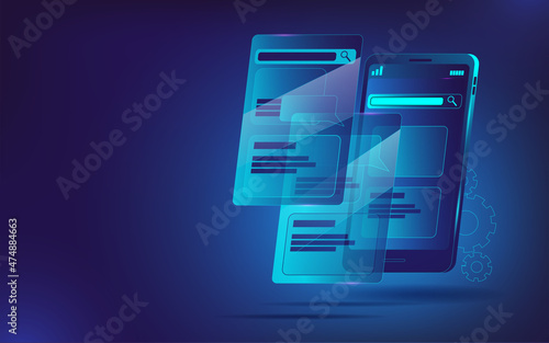 A smartphone in front of which several screen options are flying. Illustration in neon colors on the theme of mobile prototyping. Horizontal banner template.