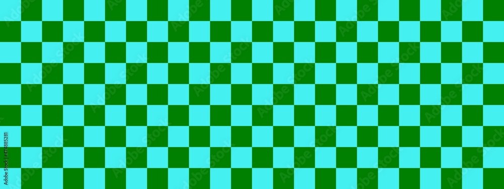 Fototapeta premium Checkerboard banner. Green and Cyan colors of checkerboard. Small squares, small cells. Chessboard, checkerboard texture. Squares pattern. Background.