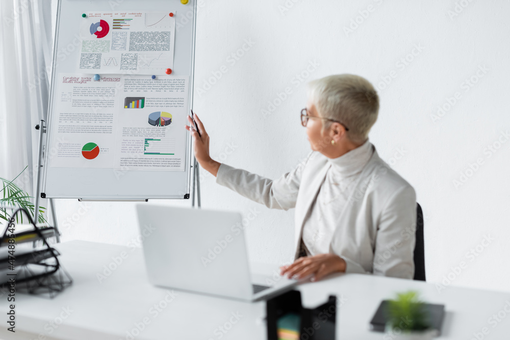 blurred senior businesswoman in glasses pointing at flip chart during video call on laptop