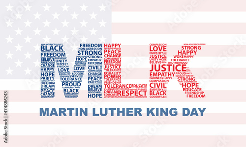 Typography design with words on the text MLK in American Flag colors on an isolated white background