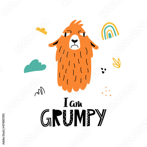Funny llama or alpaca face poster with cute lettering in hand drawn style. Perfect for t-shirt, apparel, cards, poster, nursery decoration. Isolated on white background vector illustration