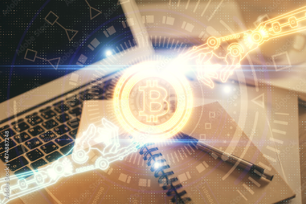 Double exposure of crypto technology drawing and desktop with coffee and items on table background. Concept of blockchain Double exposure of crypto technology drawing and desktop with coffee and items on table background. Concept of blockchain