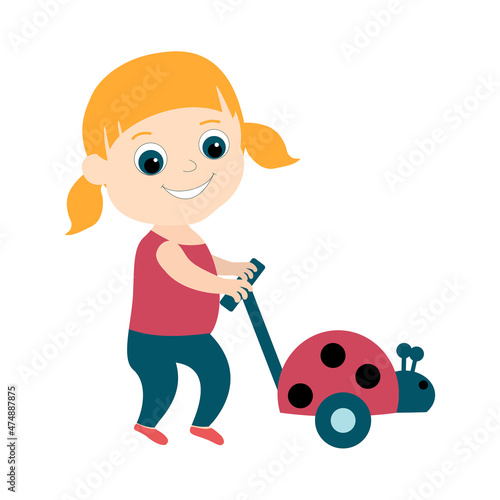 A little cute girl is carrying a toy ladybug on wheels and a cane. The child is smiling and she is happy. Cartoon red-haired character in flat style isolated on white background.