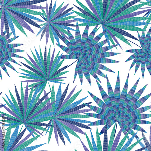 Modern abstract seamless pattern with creative colorful tropical leaves. Retro bright summer background. Jungle foliage illustration. Swimwear botanical design. Vintage exotic print. 