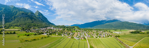 The panoramic view of the city of Gresy sur Isere in Europe  France  Isere  the Alps  in summer  on a sunny day.