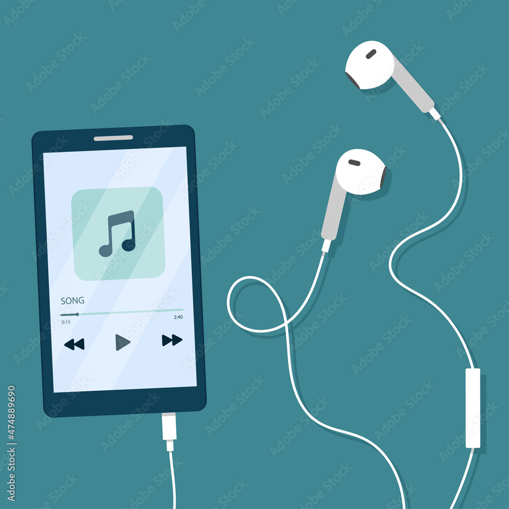 White mobile phone with wired headphones. Phone screen with open media player. Smartphone music player user interface concept. Vector illustration in flat cartoon style. White mobile phone with wired headphones. Phone screen with open media player. Smartphone music player user interface concept. Vector illustration in flat cartoon style.