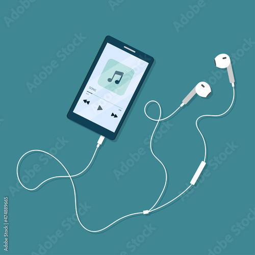 Music player on mobile phone screen with earphones. Vector illustration in flat cartoon style.