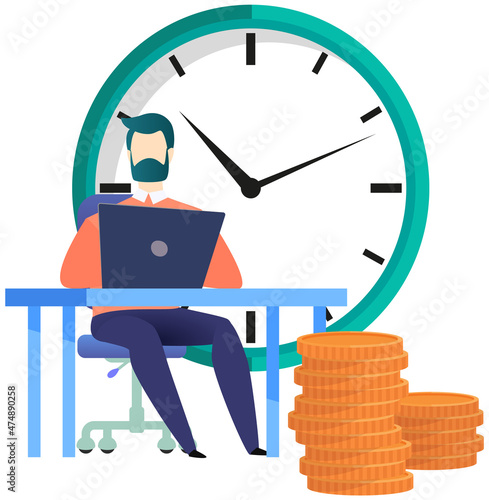 Man working on laptop computer near huge clock and stack of coins. Idea of time management, planning schedule and deadline. Workflow of office manager concept. Businessman copes with deadlines at work