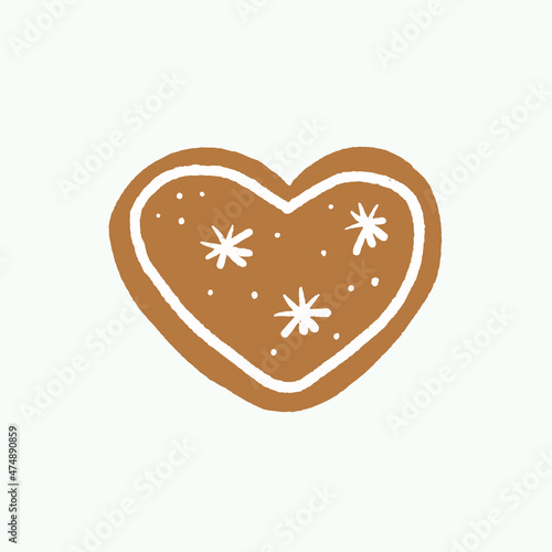 solated hand drawn Christmas heart shaped gingerbread cookie