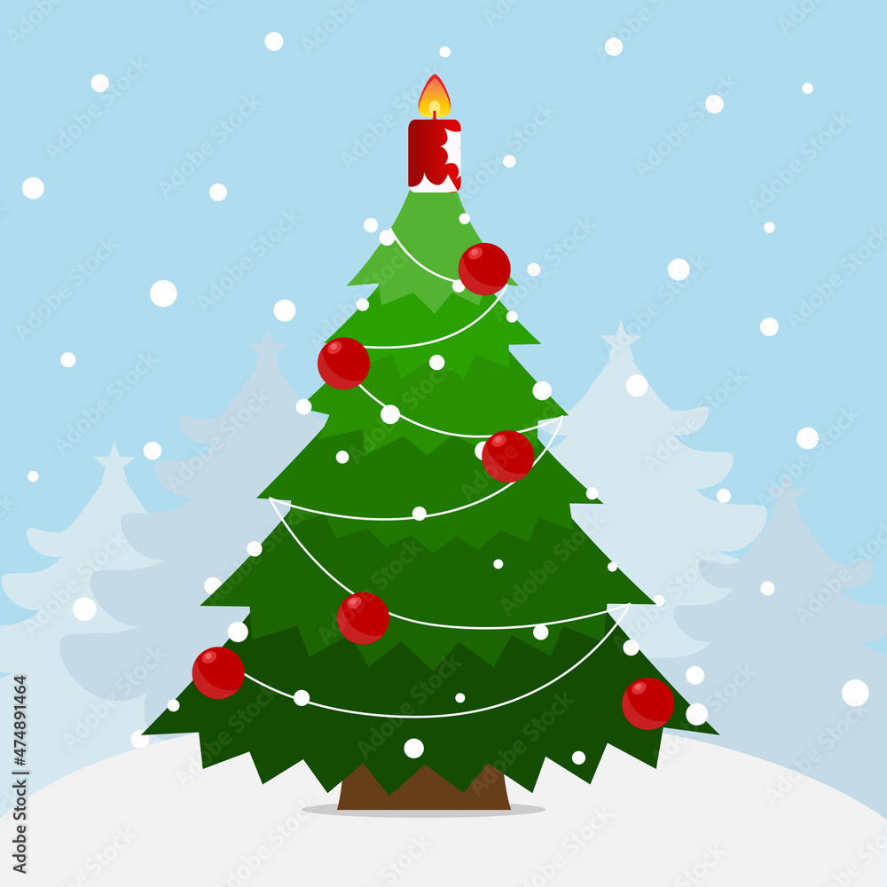 Christmas tree and Christmas decorations. Merry Christmas and Happy New Year background. Vector illustration.