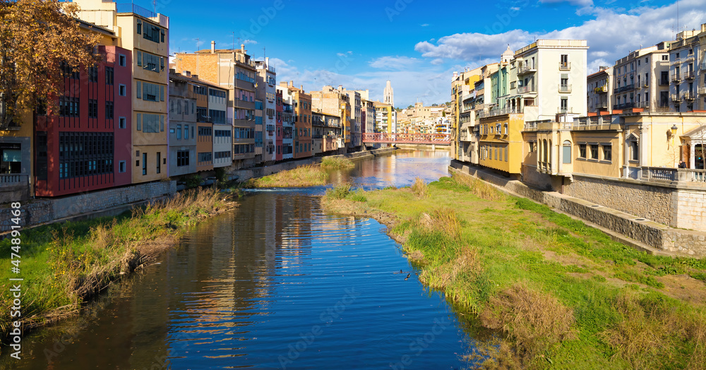 Panoramic view of the Onyar river as it passes through the city of Girona, Catalonia, Spain