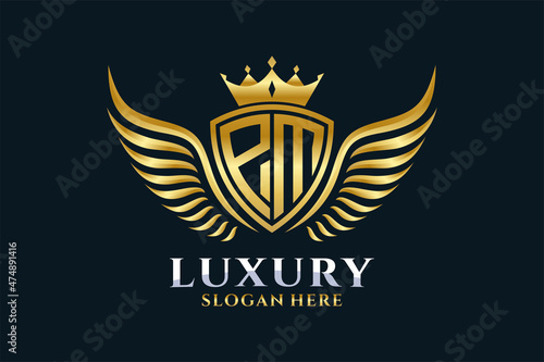 Luxury royal wing Letter PM crest Gold color Logo vector, Victory logo, crest logo, wing logo, vector logo template.