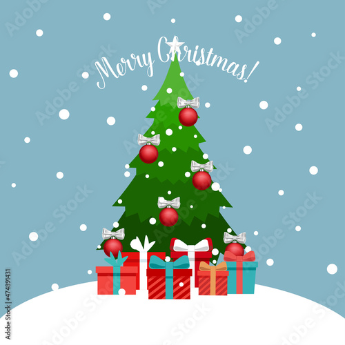 Decorated Christmas tree. Merry Christmas and Happy New Year background. Vector illustration.