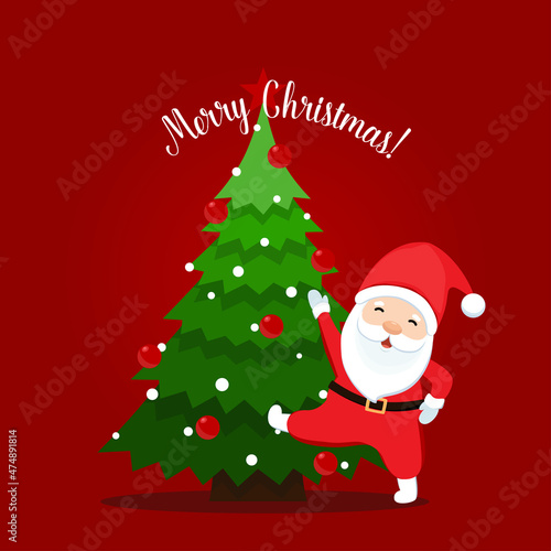 Santa Claus and Christmas tree. Merry Christmas and Happy New Year background. Vector illustration. © jannoon028