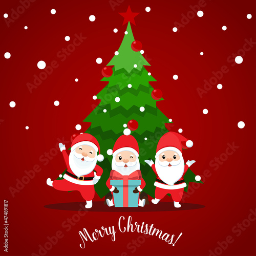 Santa Claus and Decorated Christmas tree. Merry Christmas and Happy New Year background. Vector illustration. © jannoon028